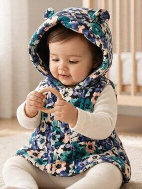 GYMBOREE Blue Floral Print Hooded Zip Front Fleece Lined Vest Girls 6-12 months